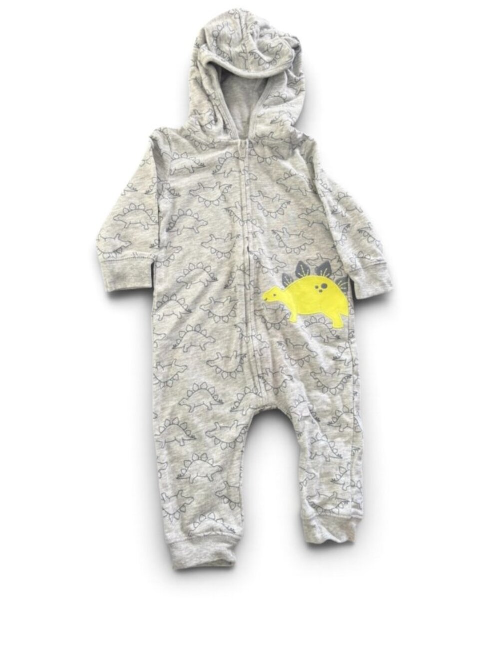 NWT Baby Dinosaur Hooded One-Piece Romper Gray Stegosaurus Print Zip-Up Jumpsuit